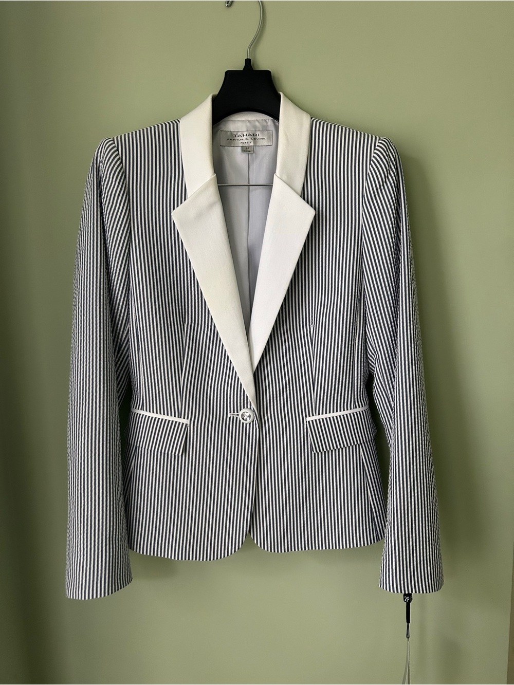 Tahari ASL Blue & White Pinstripe Blazer with Contrast White Lapel
